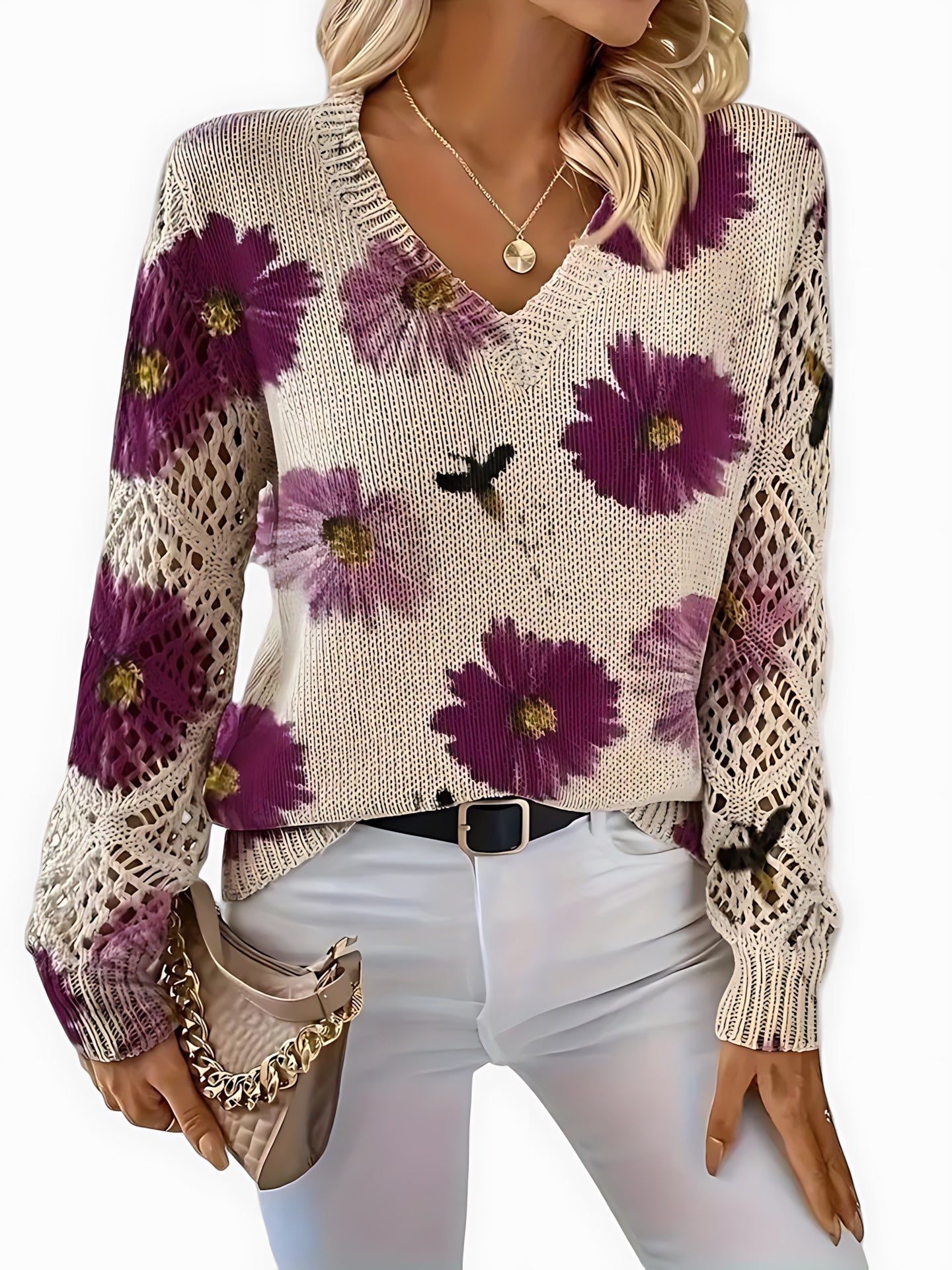 Willow – Floral Print V Neck Knit Sweater