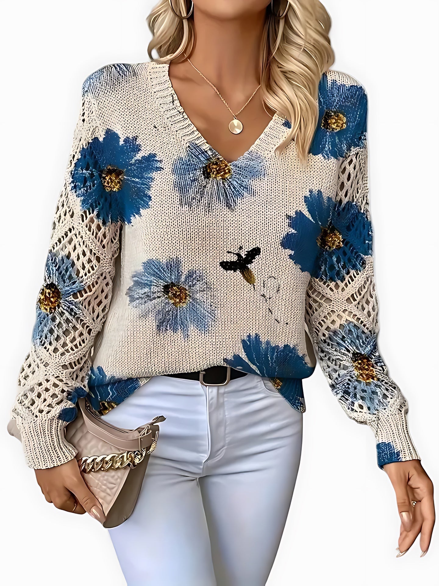 Willow – Floral Print V Neck Knit Sweater