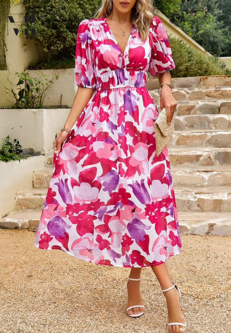Helena – Floral Puff Sleeve Wedding Guest Maxi Dress