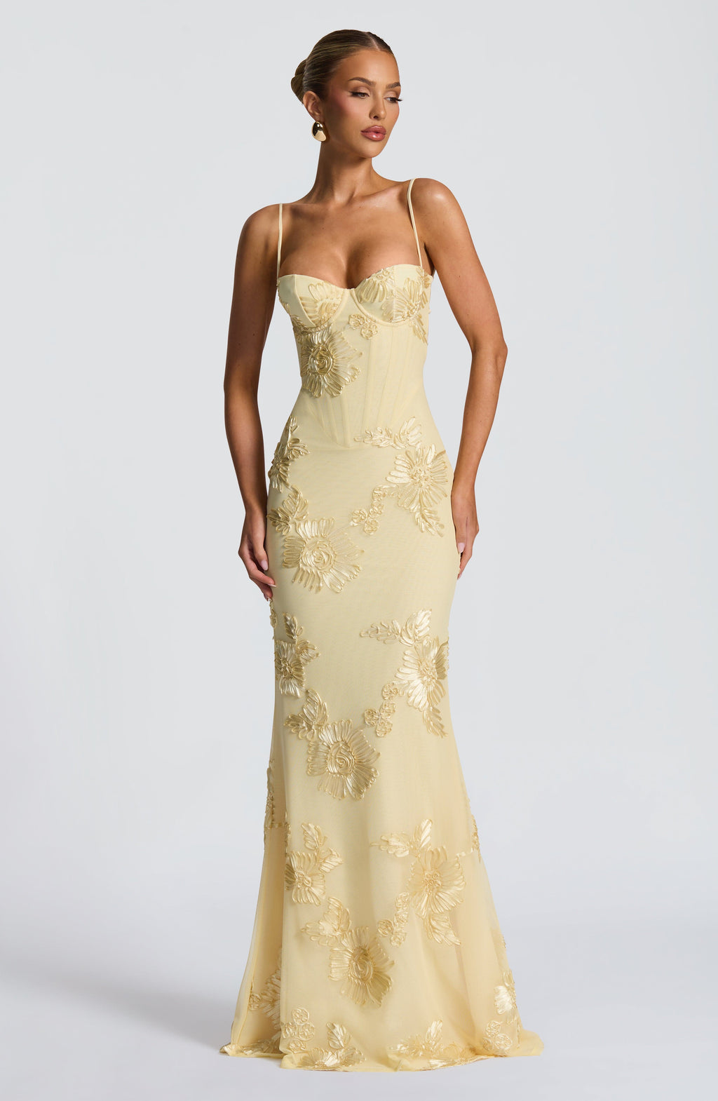 Elliana – Floral Embroidered Corset Wedding Guest Maxi Dress