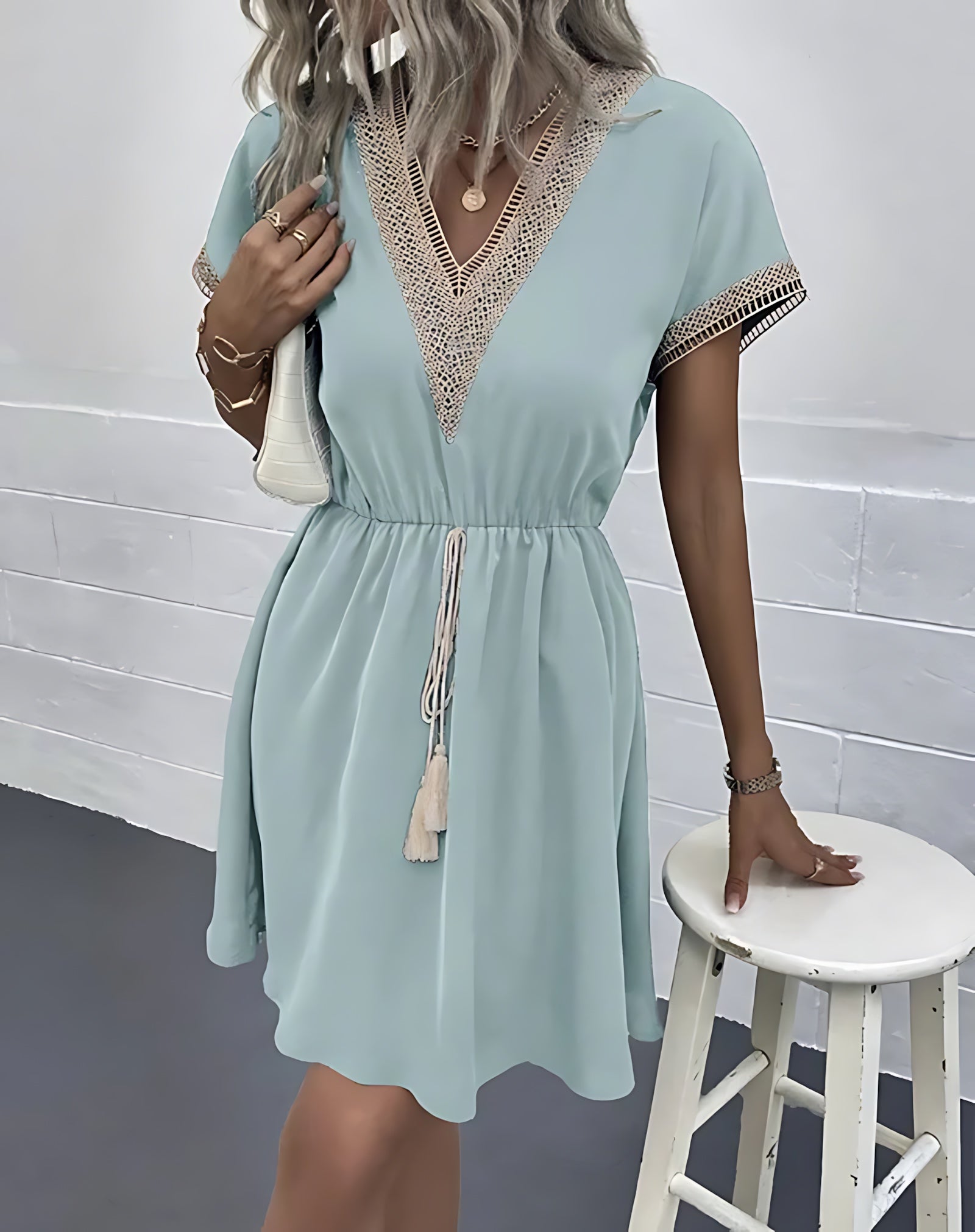 Ximena – V Neck Tie Waist Flowy Summer Mini Dress