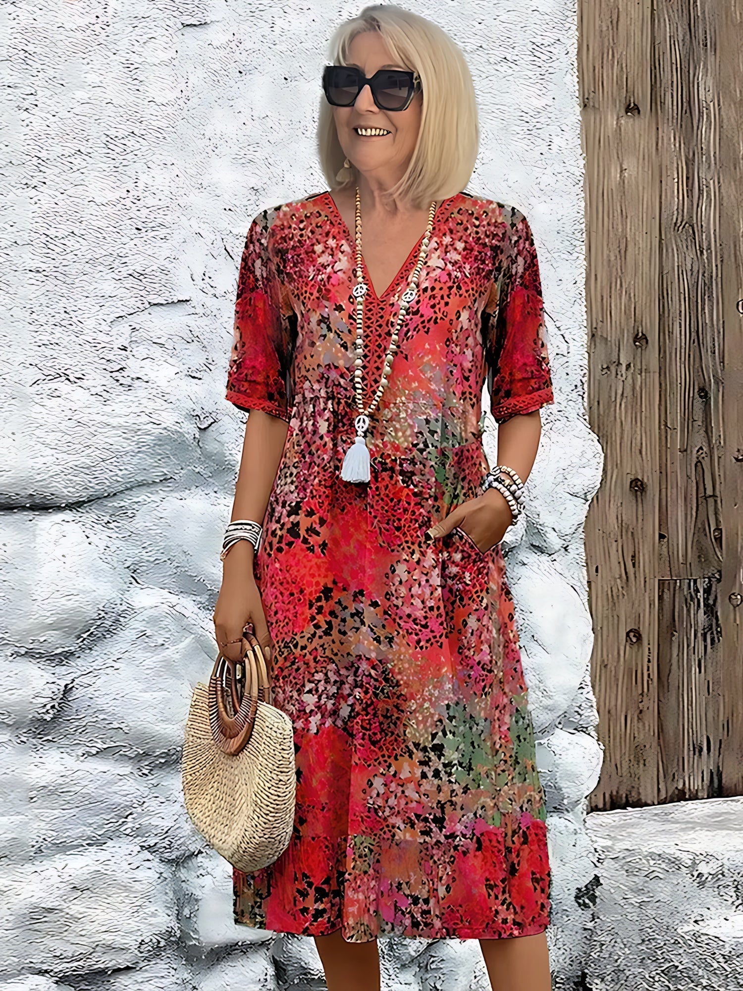 Zoe – Floral Print V Neck Boho Midi Dress