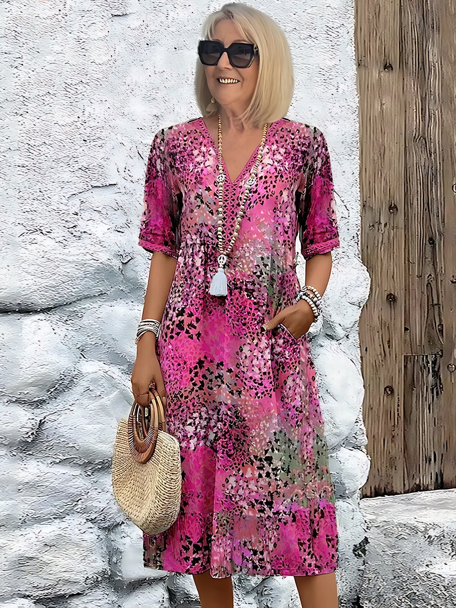 Zoe – Floral Print V Neck Boho Midi Dress