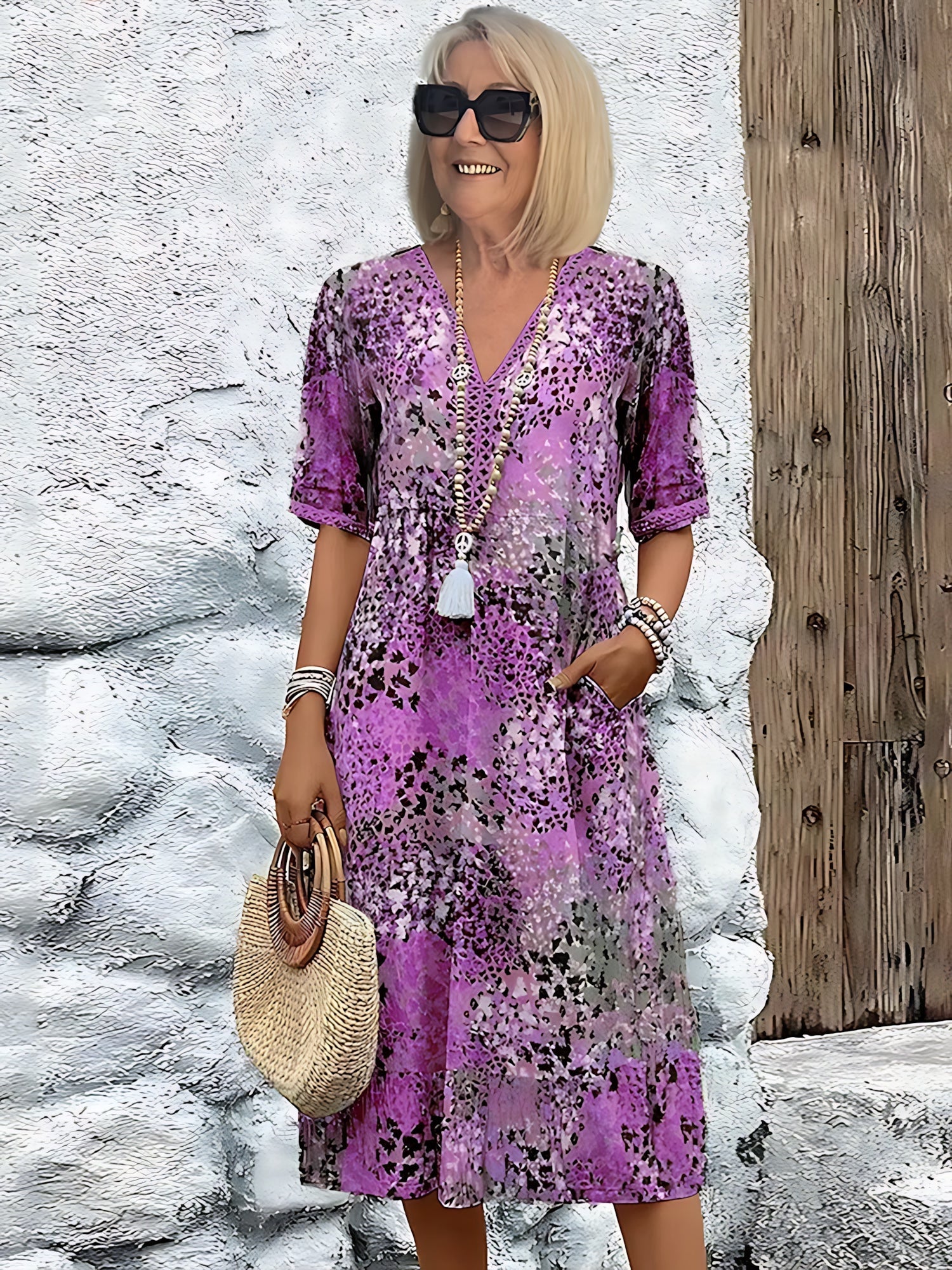 Zoe – Floral Print V Neck Boho Midi Dress