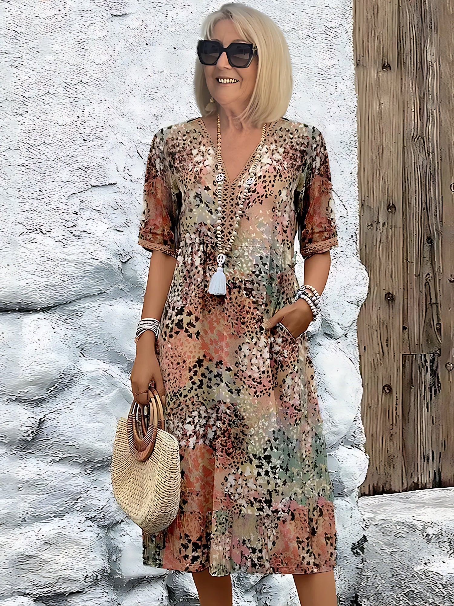 Zoe – Floral Print V Neck Boho Midi Dress