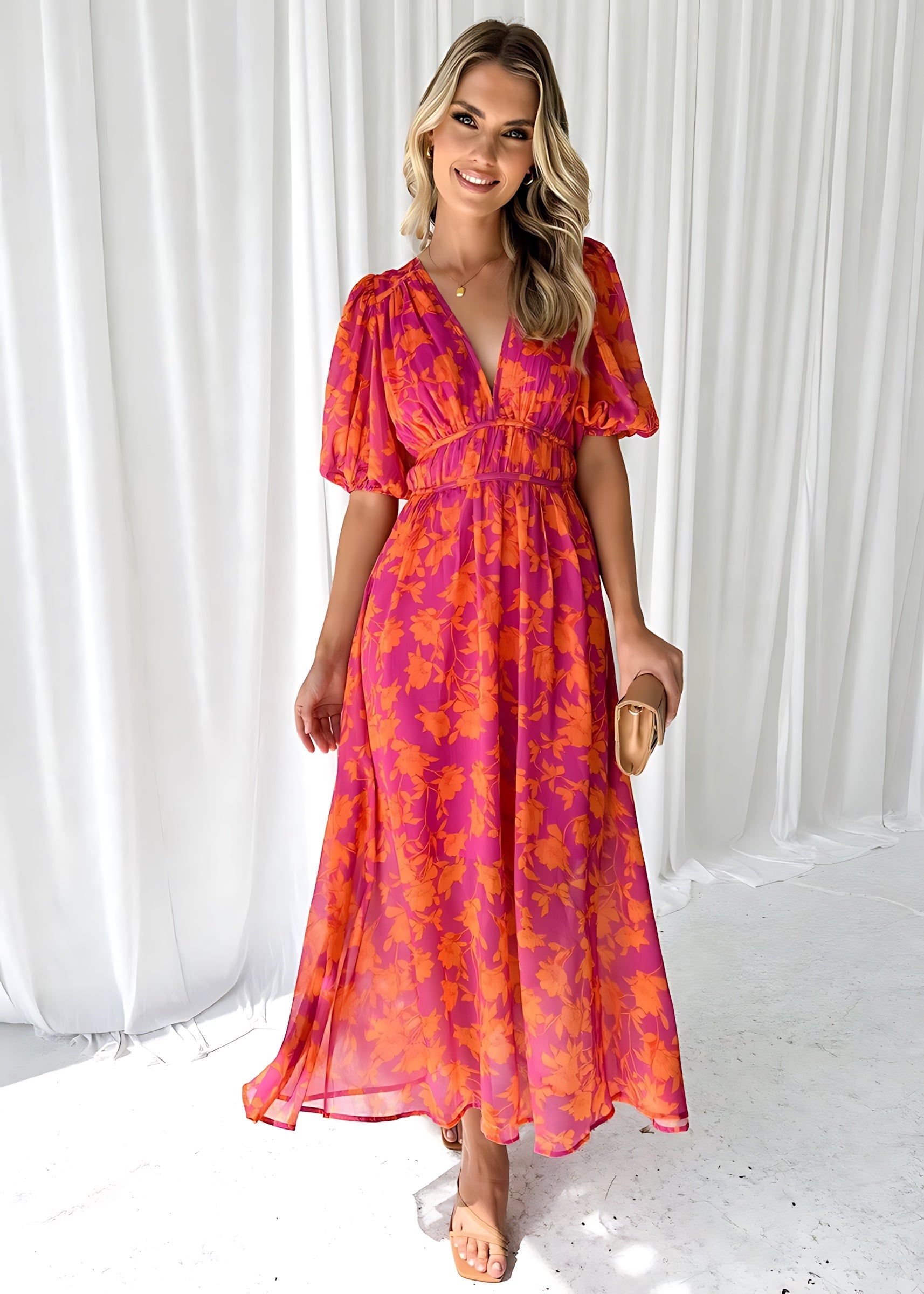 Zoe – Floral V Neck Wedding Guest Maxi Dress