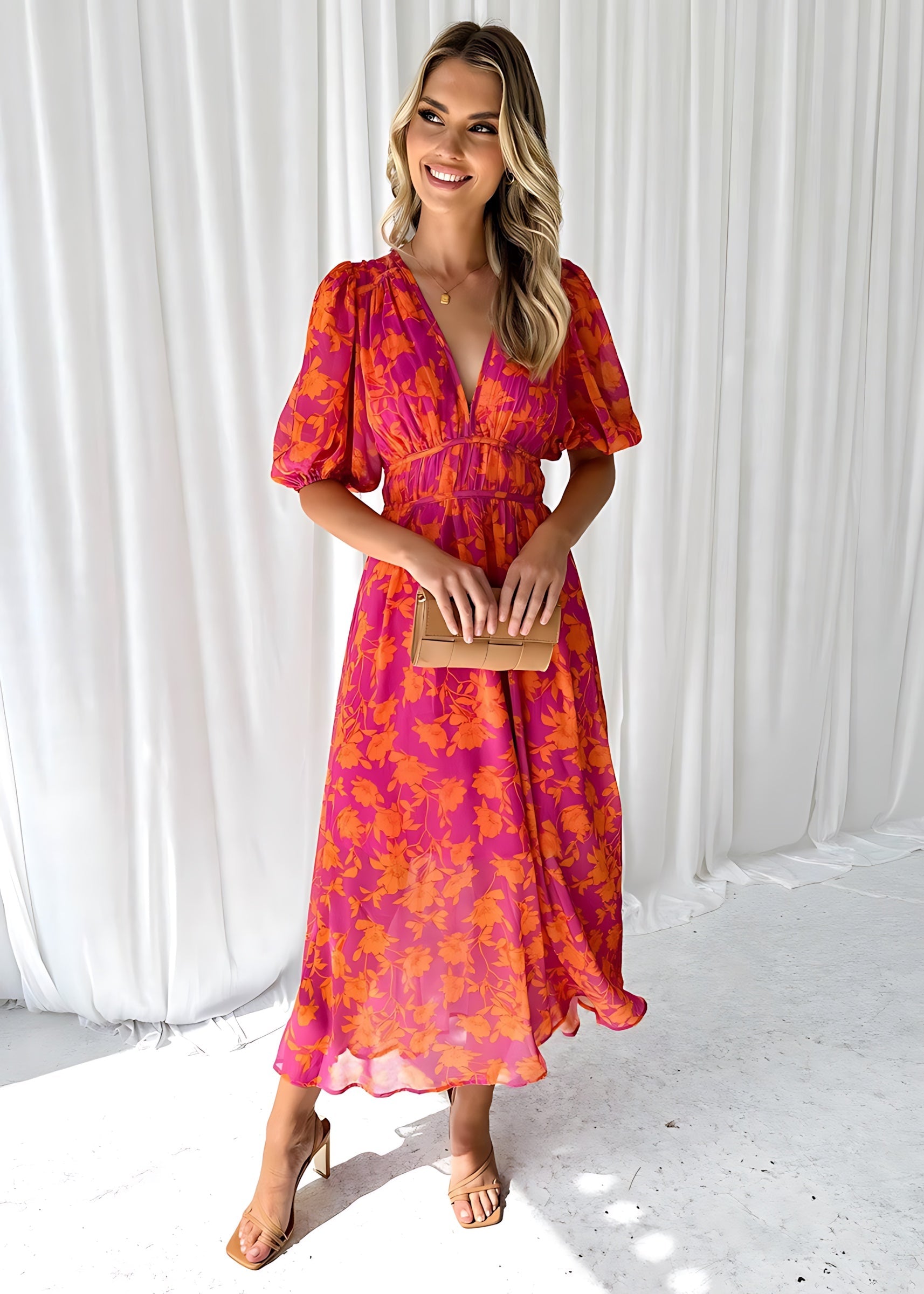 Zoe – Floral V Neck Wedding Guest Maxi Dress