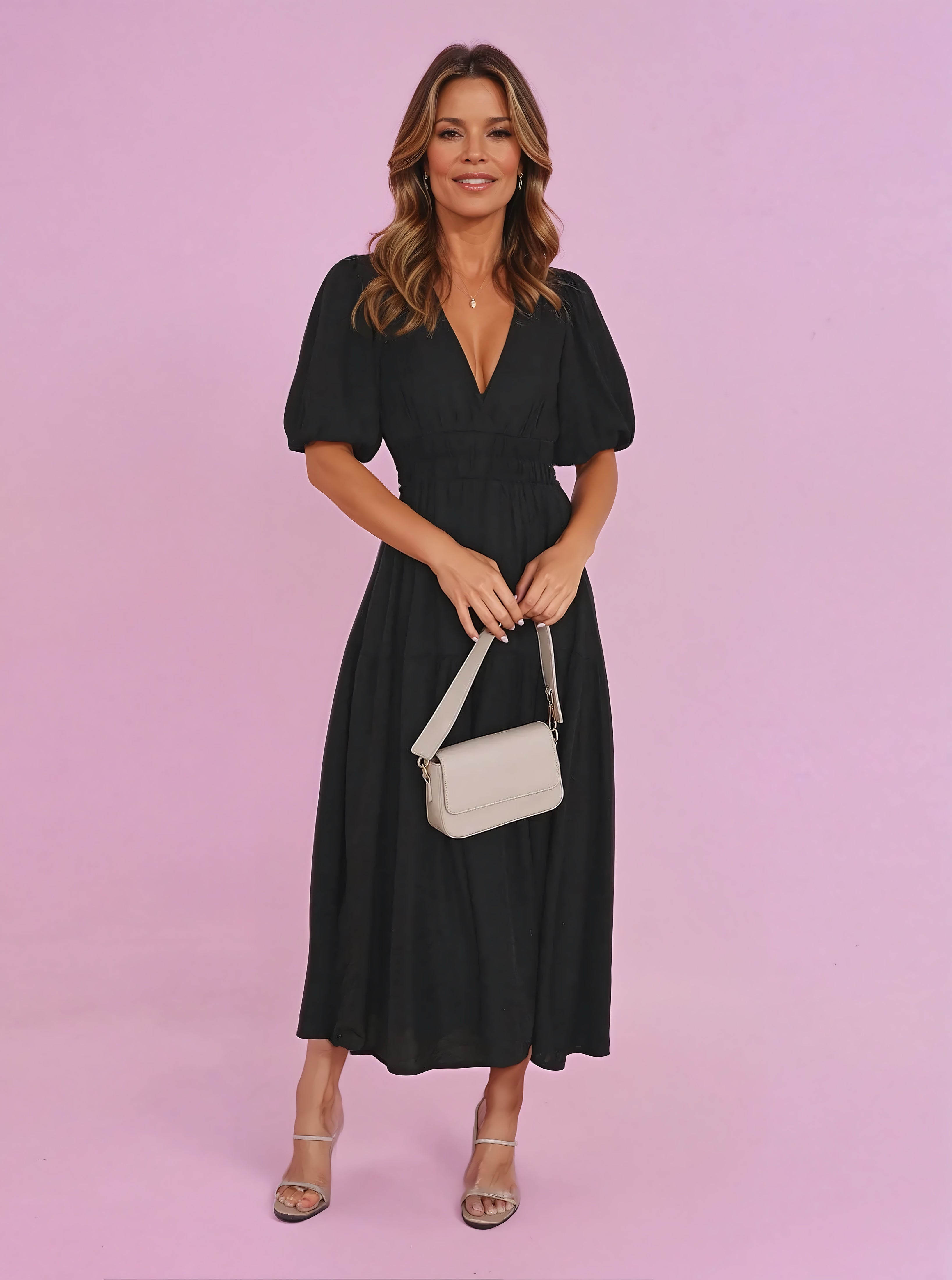 Zoe – V Neck Puff Sleeve Smocked Waist Midi Dress