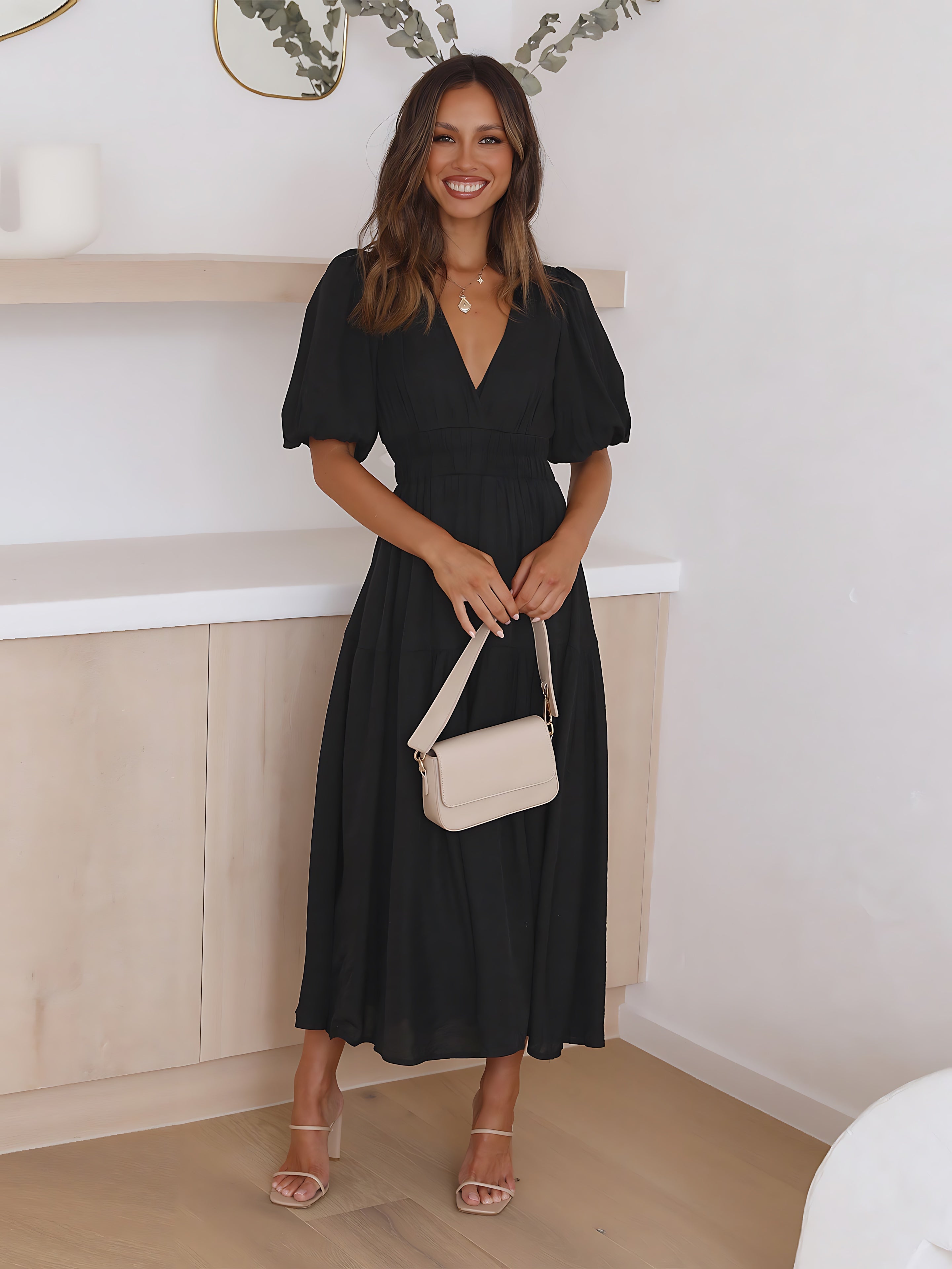 Zoe – V Neck Puff Sleeve Smocked Waist Midi Dress