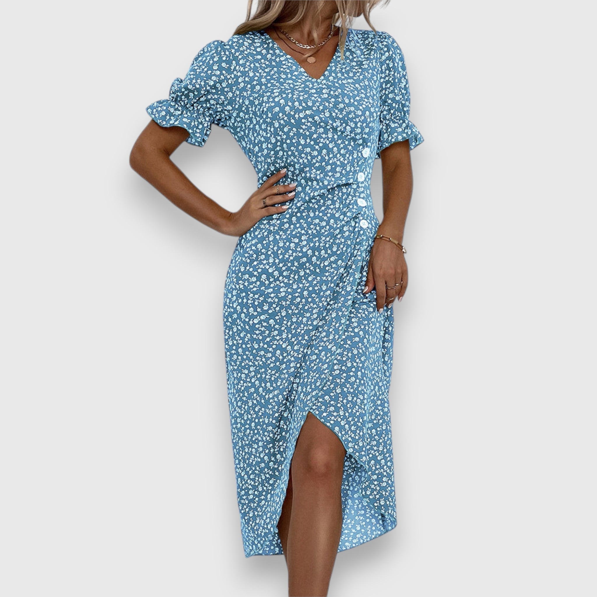 Sadie – Ditsy Floral Puff Sleeve Wrap Midi Dress