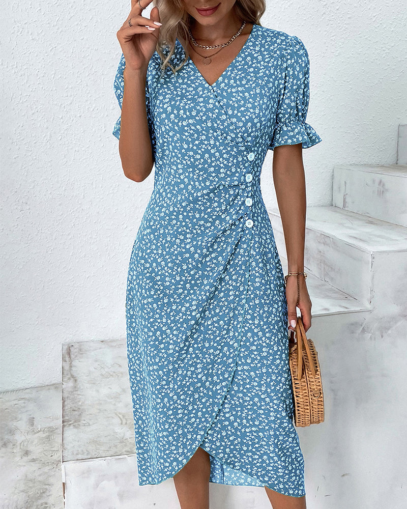Eleanor – Ditsy Floral Wrap V Neck Midi Dress