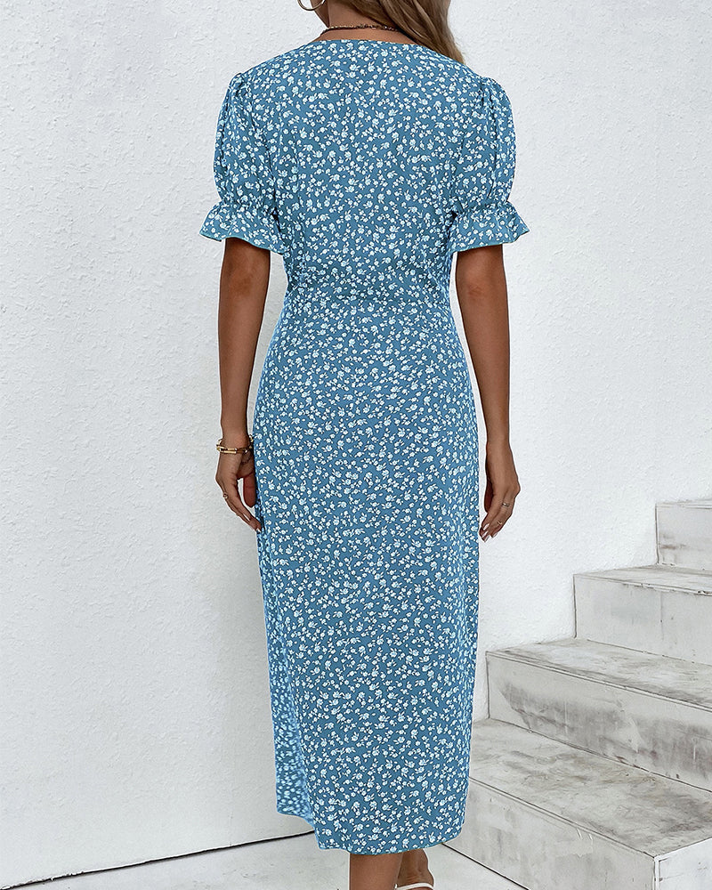 Eleanor – Ditsy Floral Wrap V Neck Midi Dress