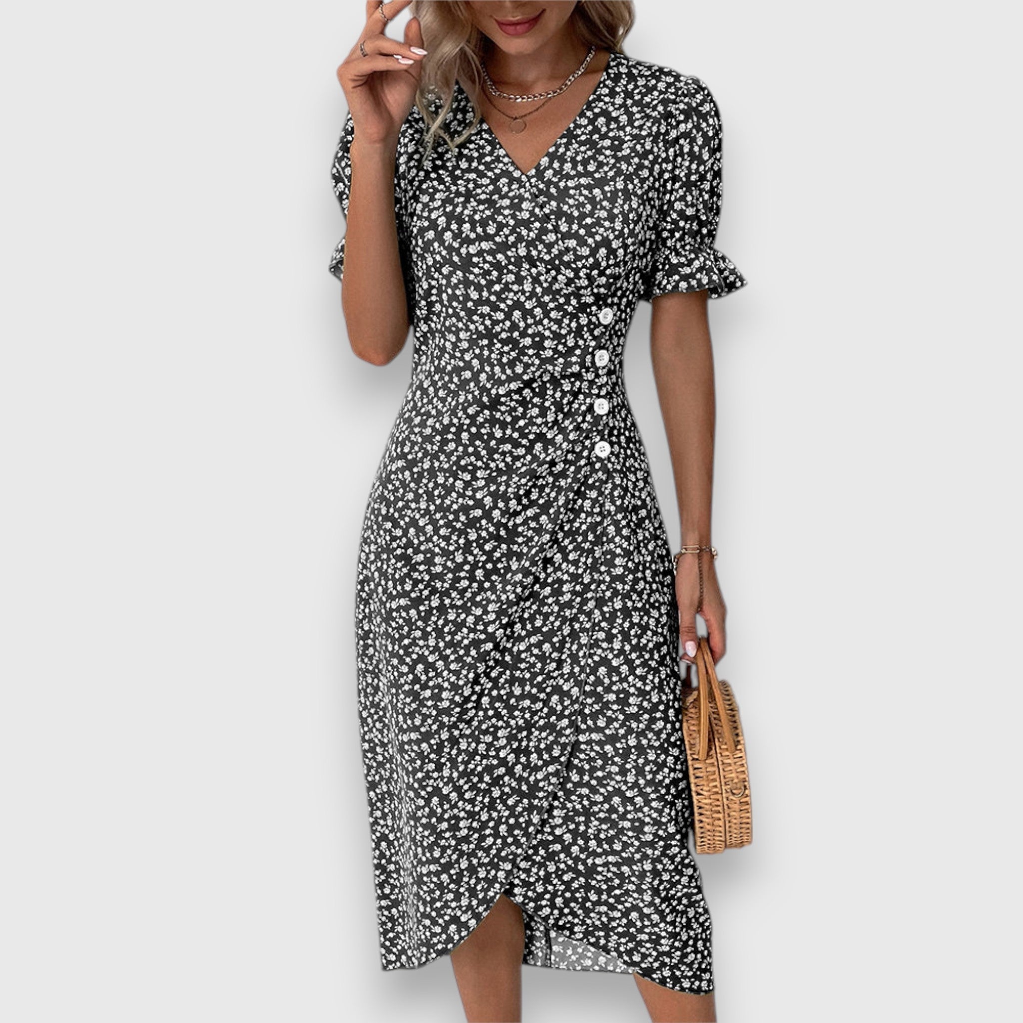 Sadie – Ditsy Floral Puff Sleeve Wrap Midi Dress