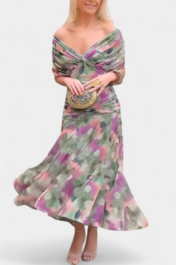 Ava – Mesh Off Shoulder Ruched Evening Maxi Dress