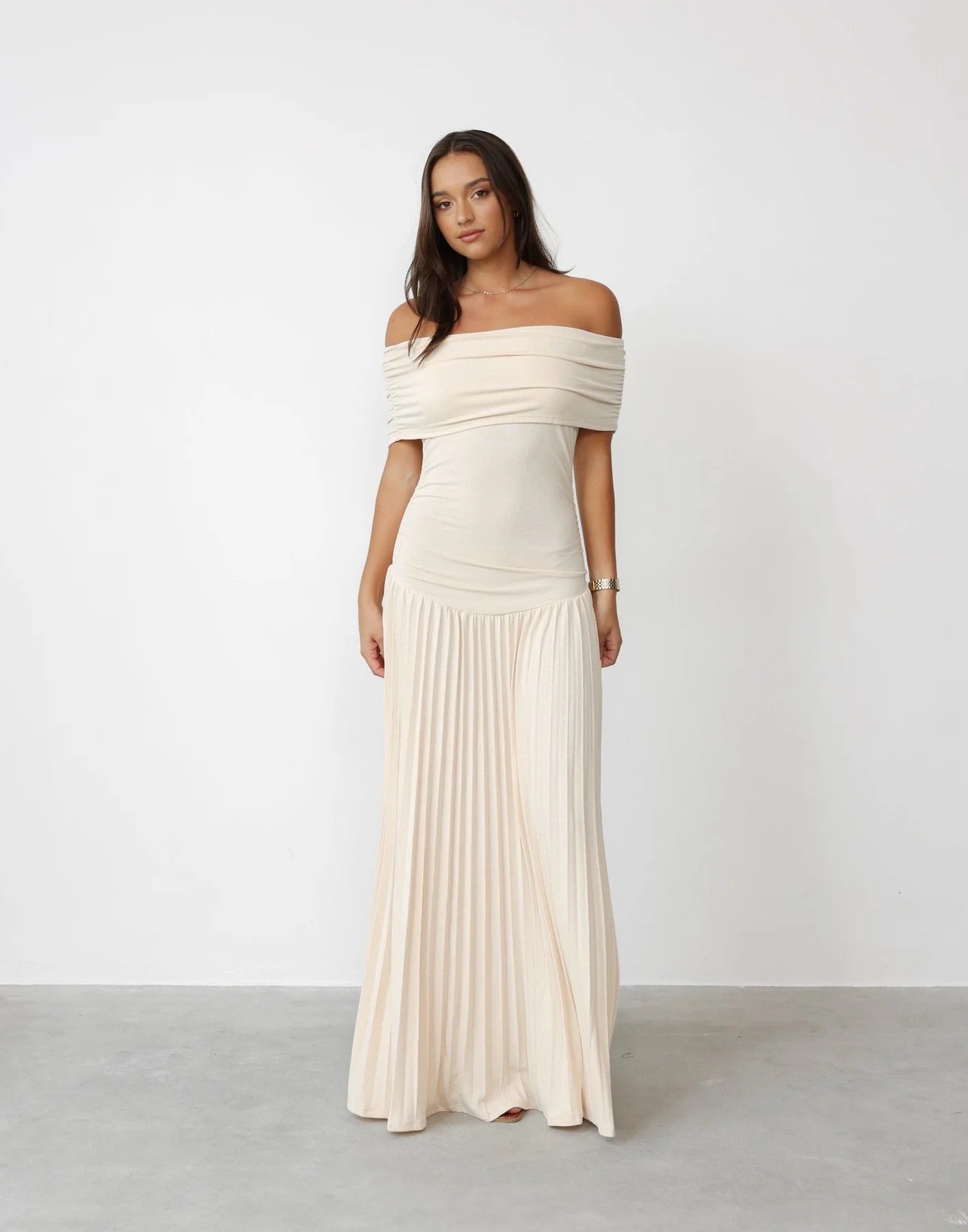 Amara – Off Shoulder Pleated Evening Maxi Dress