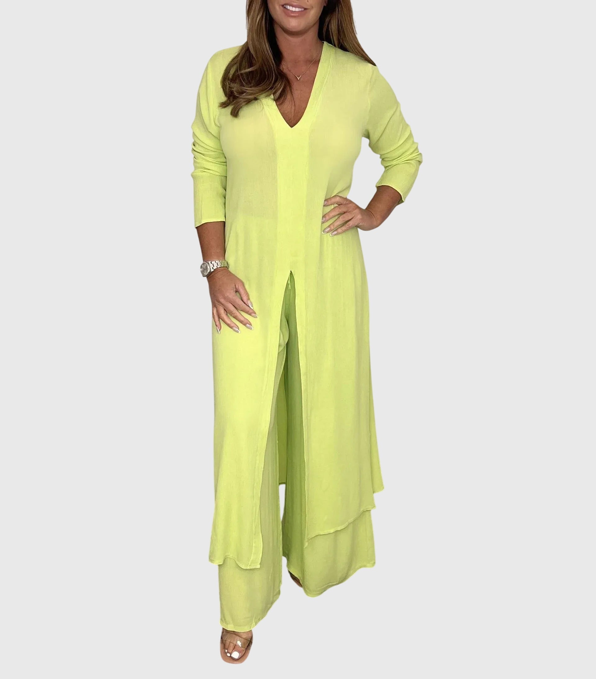 Nadia – Longline Button Up Shirt and Straight Leg Pants Set