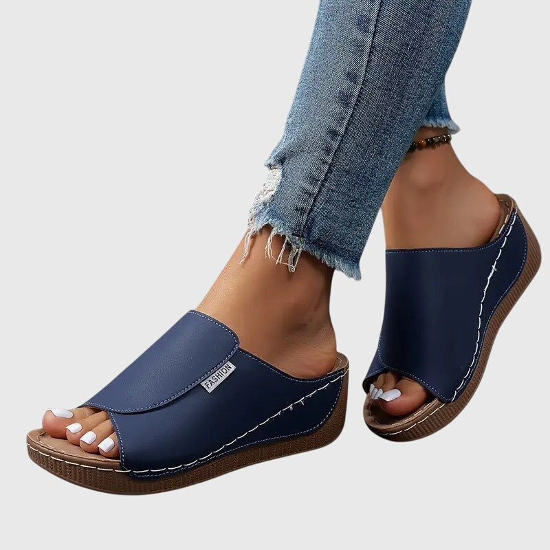 Maria – Contrast Stitch Wedge Slide Sandals