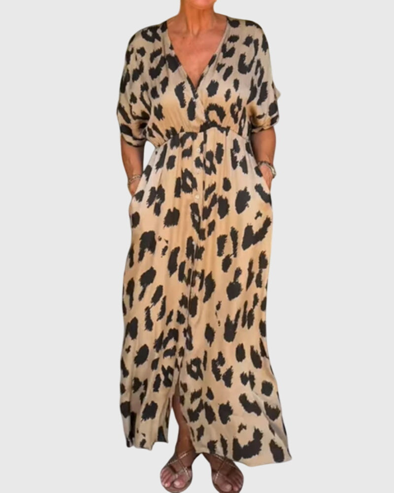 Amara – Leopard Print V Neck Flowy Maxi Dress