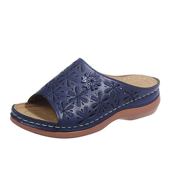 Annie – Embossed Peep Toe Wedge Slide Sandals