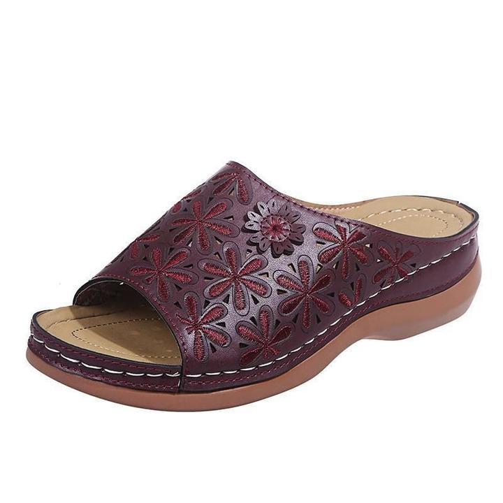 Annie – Embossed Peep Toe Wedge Slide Sandals
