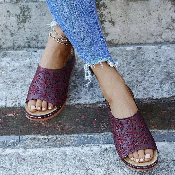 Annie – Embossed Peep Toe Wedge Slide Sandals