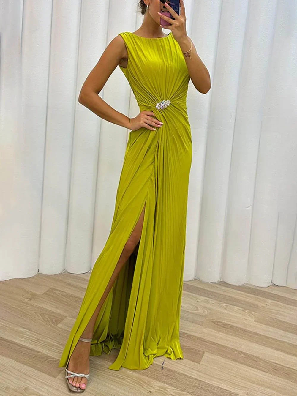 Octavia – Pleated High Slit Cocktail Maxi Dress