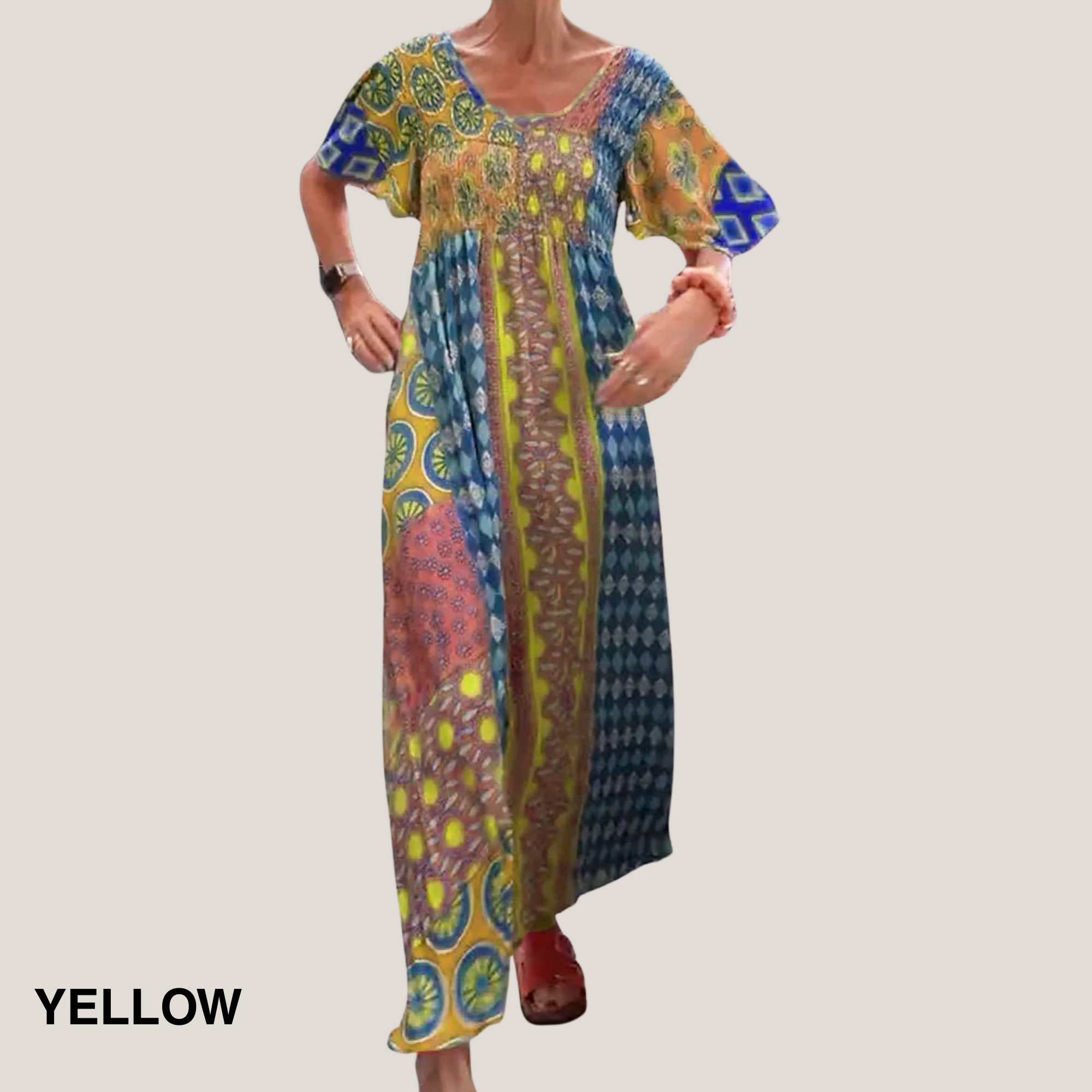 Josephine – Boho Mixed Print Short Sleeve Maxi Dress