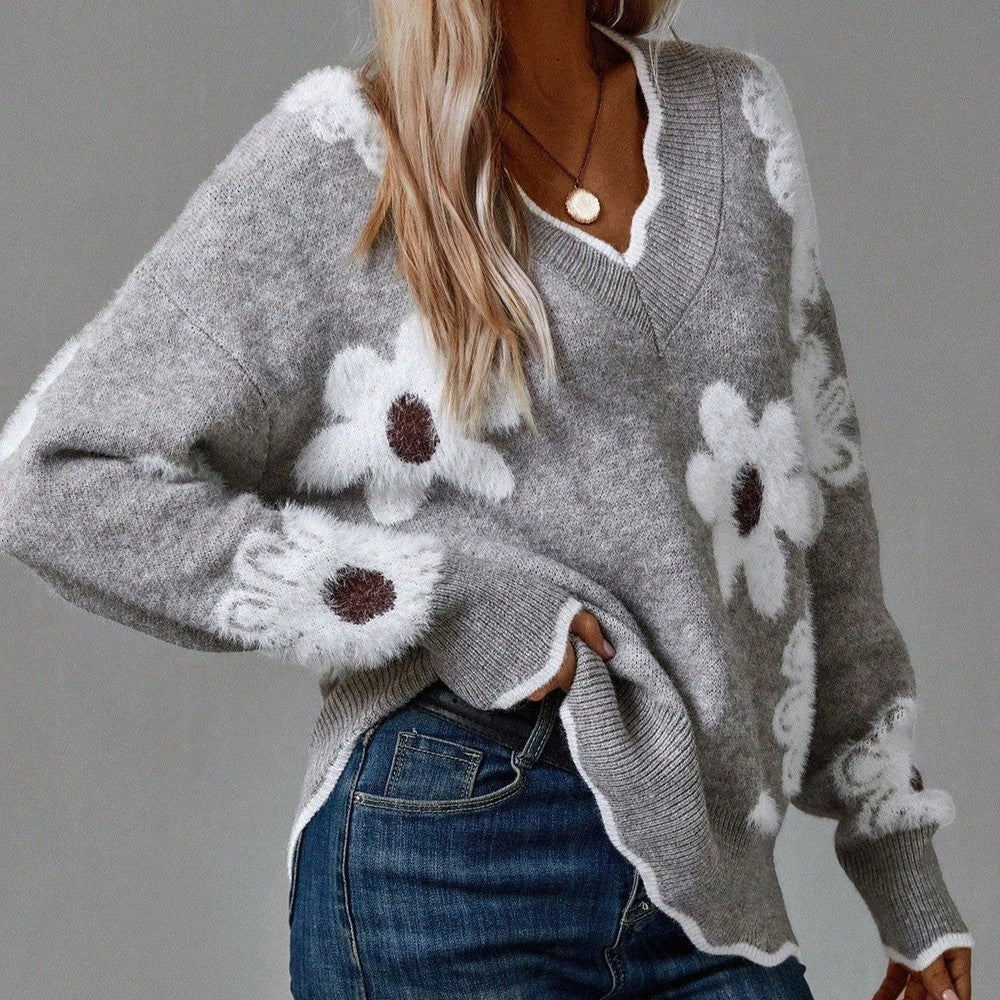 Daisy – Floral Print Marled Knit Sweater