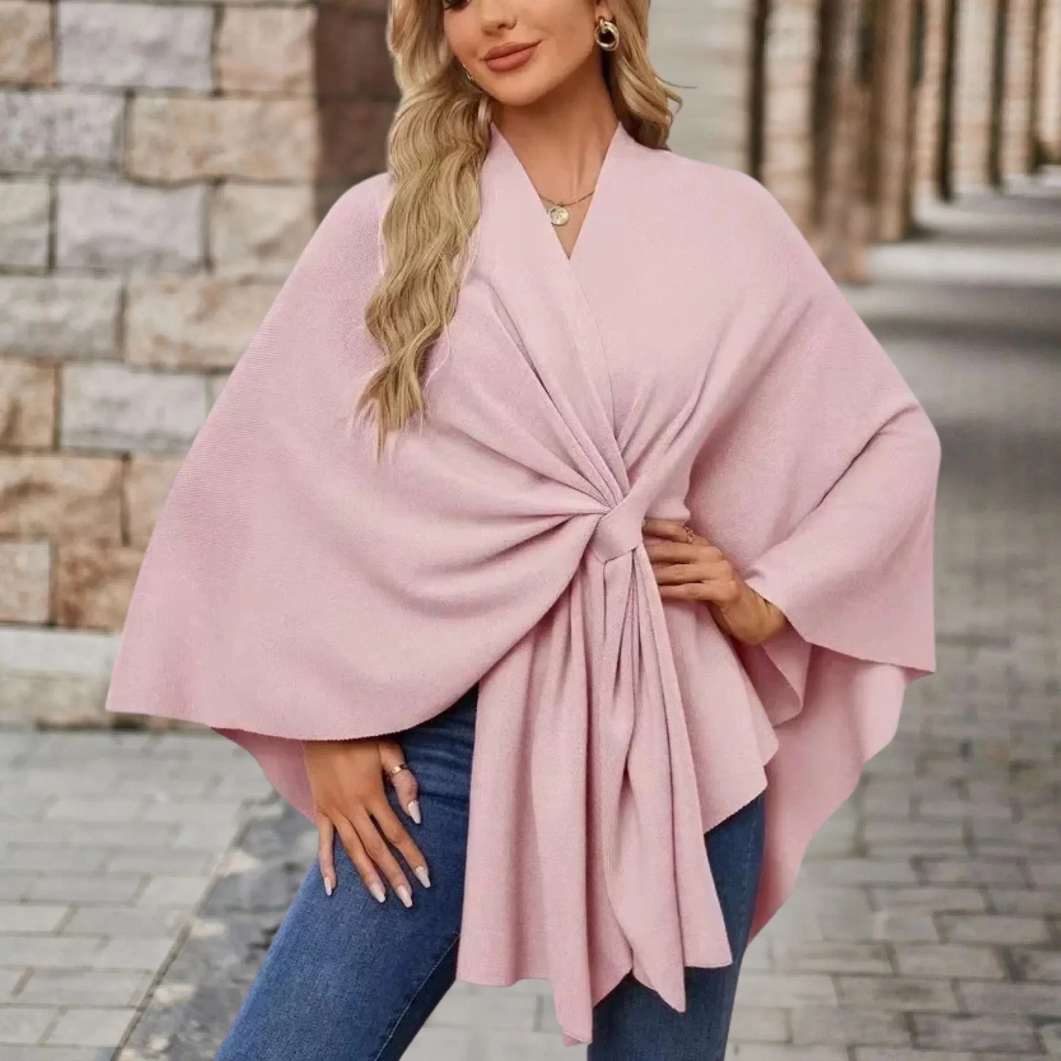 Ava – Draped Twist Front Knit Poncho