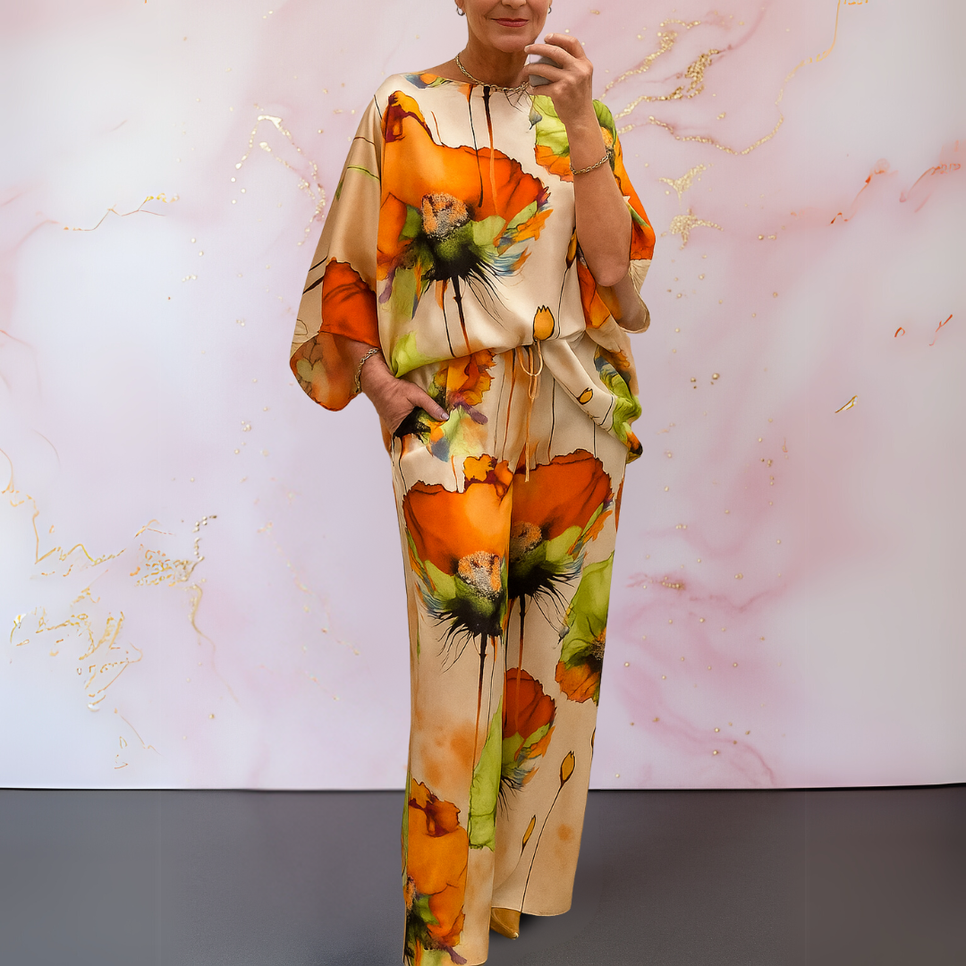 Juliette – Satin Abstract Print Top and Wide Leg Pants Set
