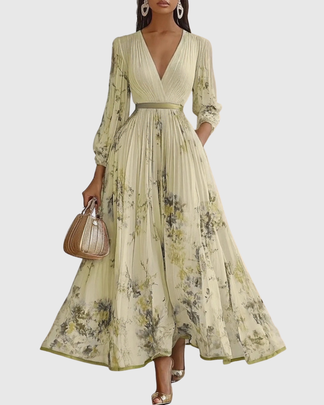 Scarlett – Abstract Print V Neck Pleated Midi Dress