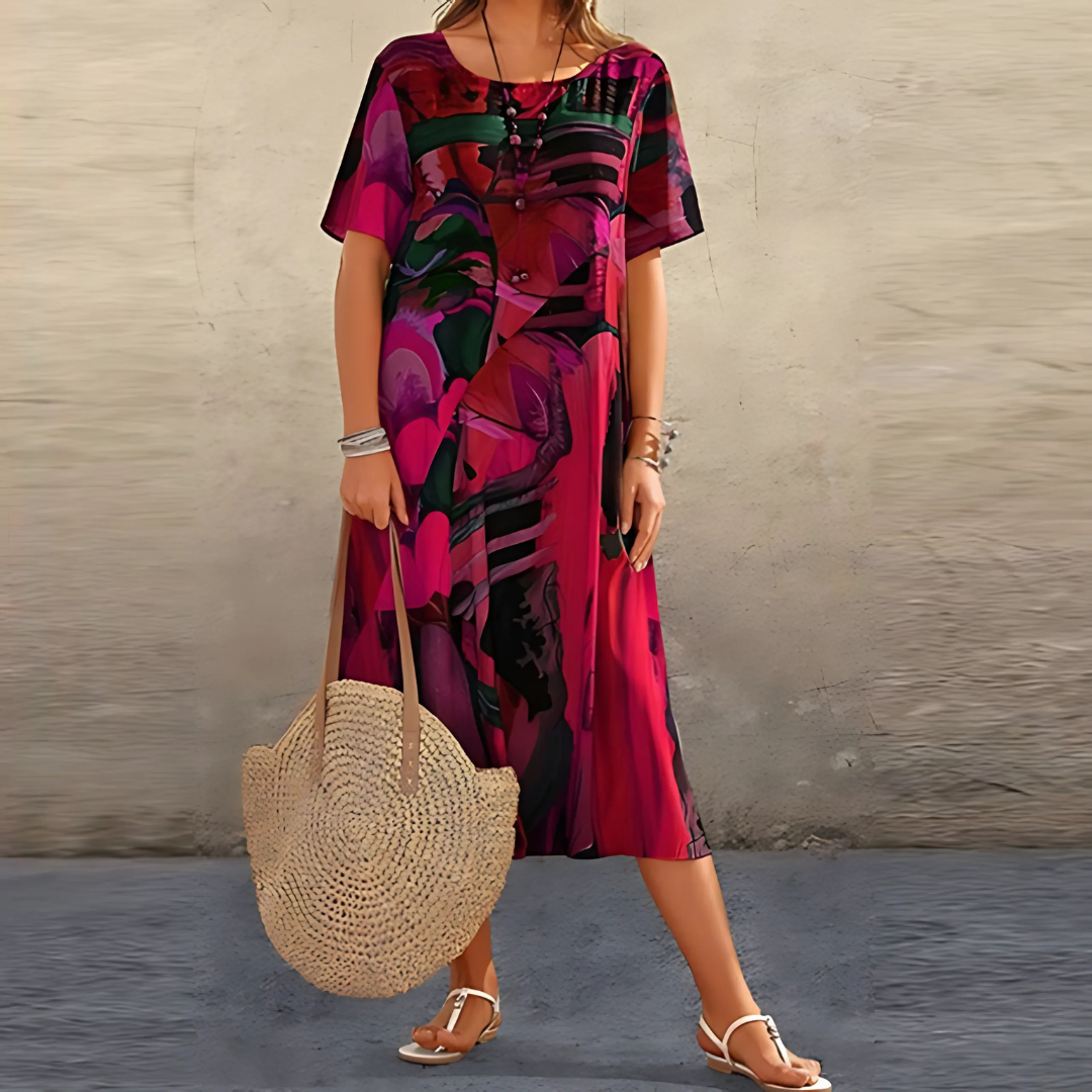Athena – Abstract Floral Print Short Sleeve Midi Dress