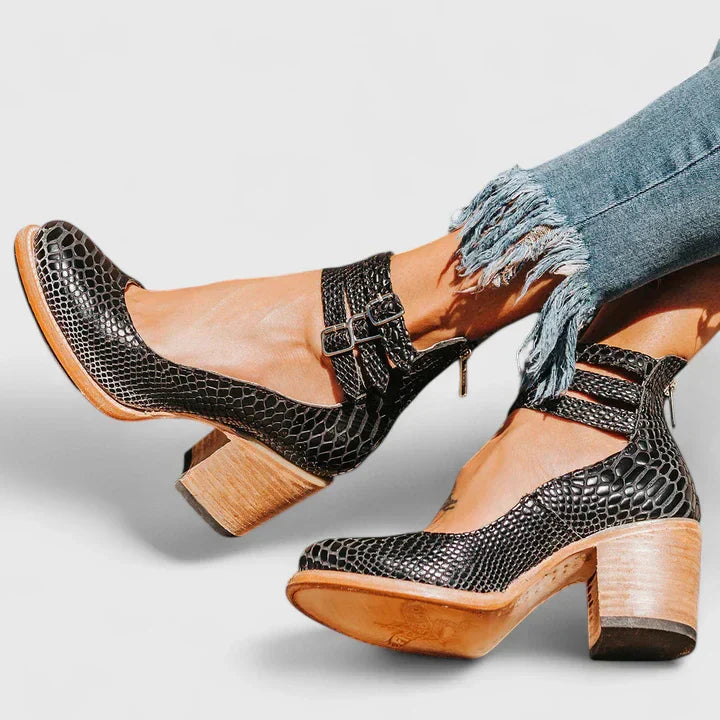 Della – Suede Ankle Strap Block Heel Pumps