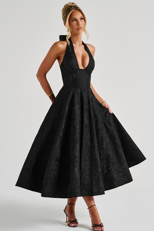 Talia – Jacquard Halter Wedding Guest Midi Dress