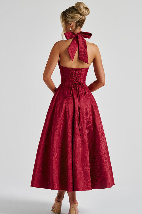Philippa – Jacquard Halter Wedding Guest Midi Dress