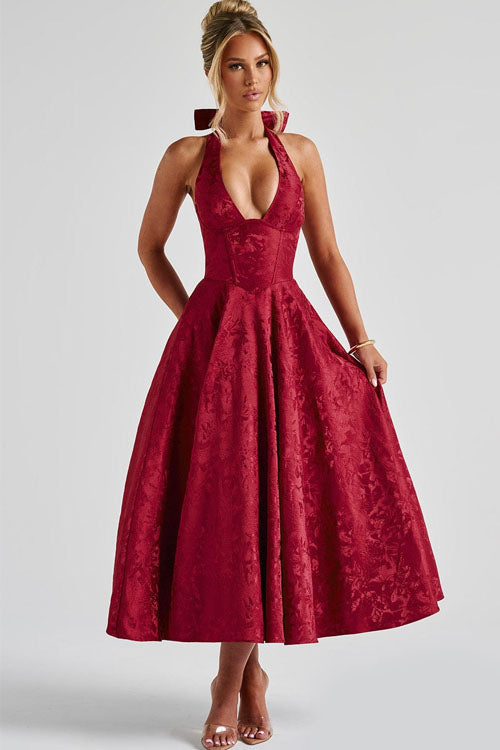 Talia – Jacquard Halter Wedding Guest Midi Dress