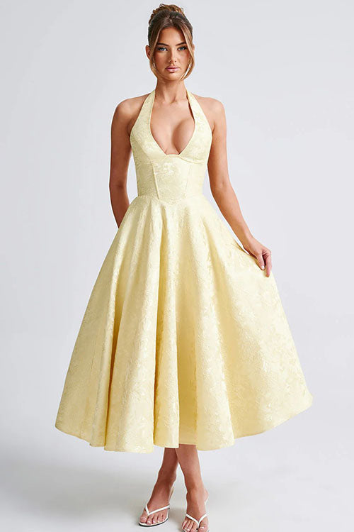 Philippa – Jacquard Halter Wedding Guest Midi Dress