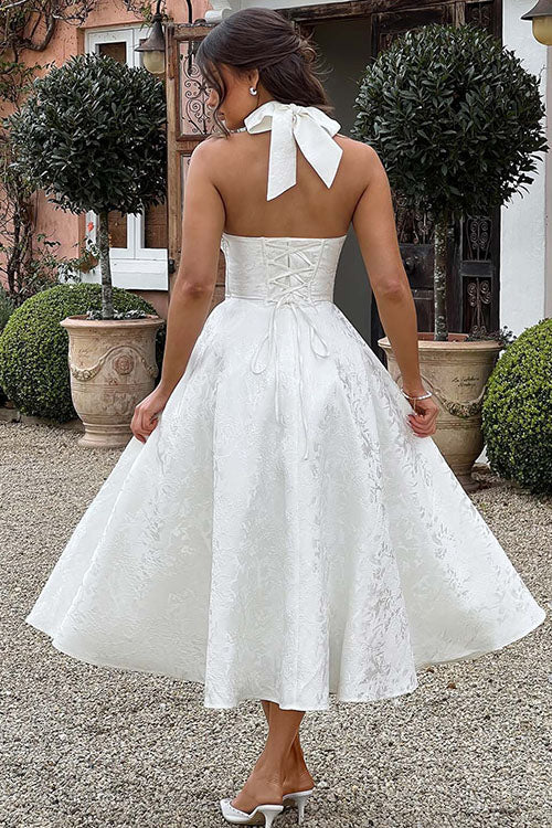 Philippa – Jacquard Halter Wedding Guest Midi Dress