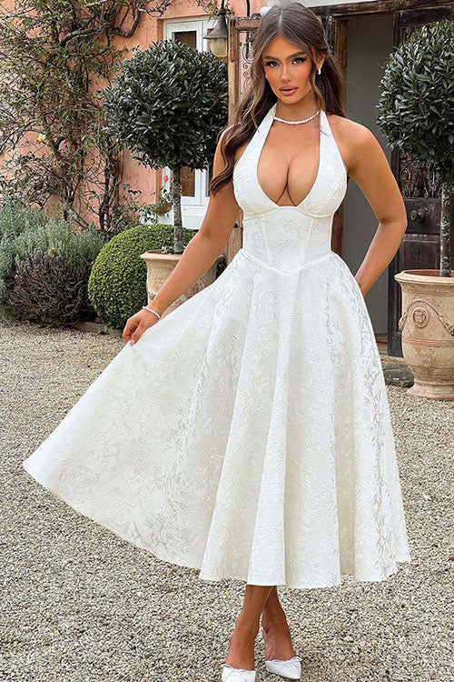 Talia – Jacquard Halter Wedding Guest Midi Dress