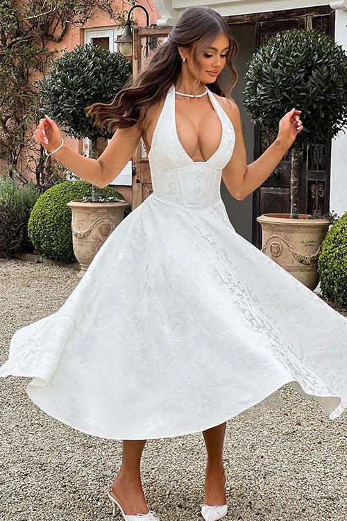 Philippa – Jacquard Halter Wedding Guest Midi Dress