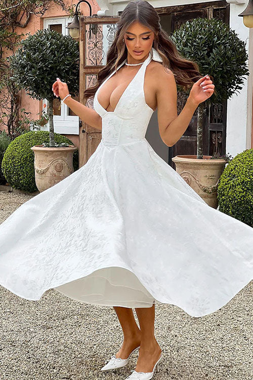 Philippa – Jacquard Halter Wedding Guest Midi Dress