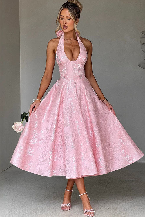 Talia – Jacquard Halter Wedding Guest Midi Dress