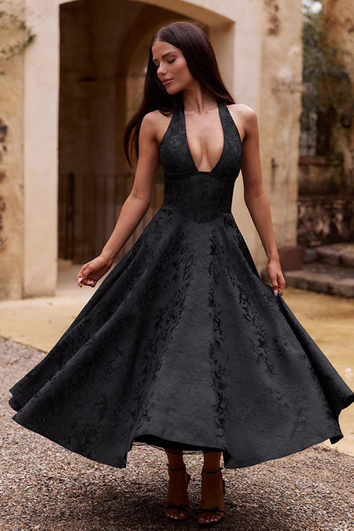 Philippa – Jacquard Halter Wedding Guest Midi Dress