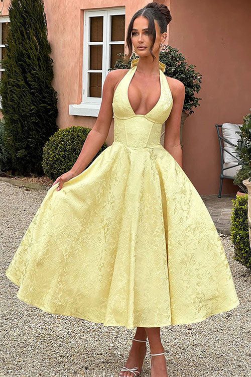 Talia – Jacquard Halter Wedding Guest Midi Dress