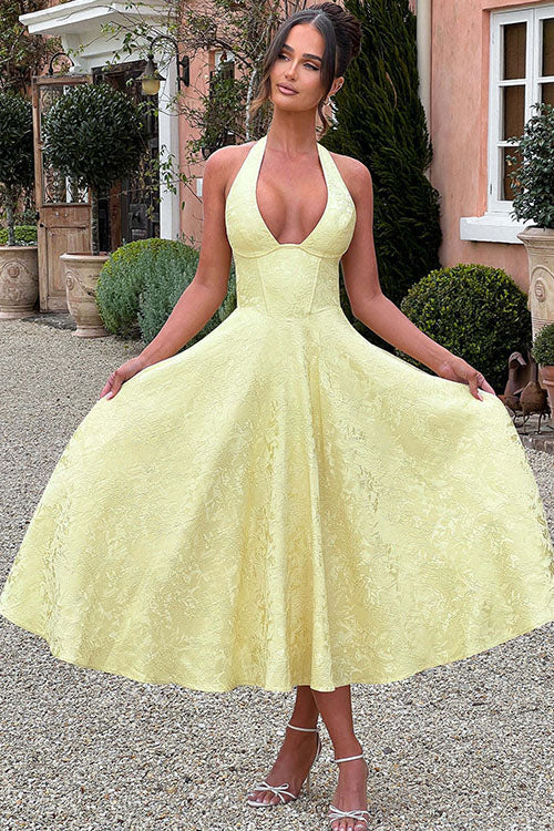 Philippa – Jacquard Halter Wedding Guest Midi Dress