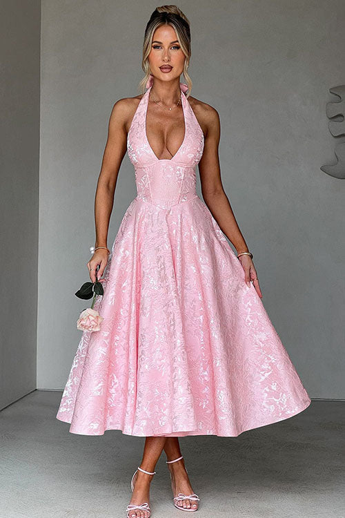 Talia – Jacquard Halter Wedding Guest Midi Dress