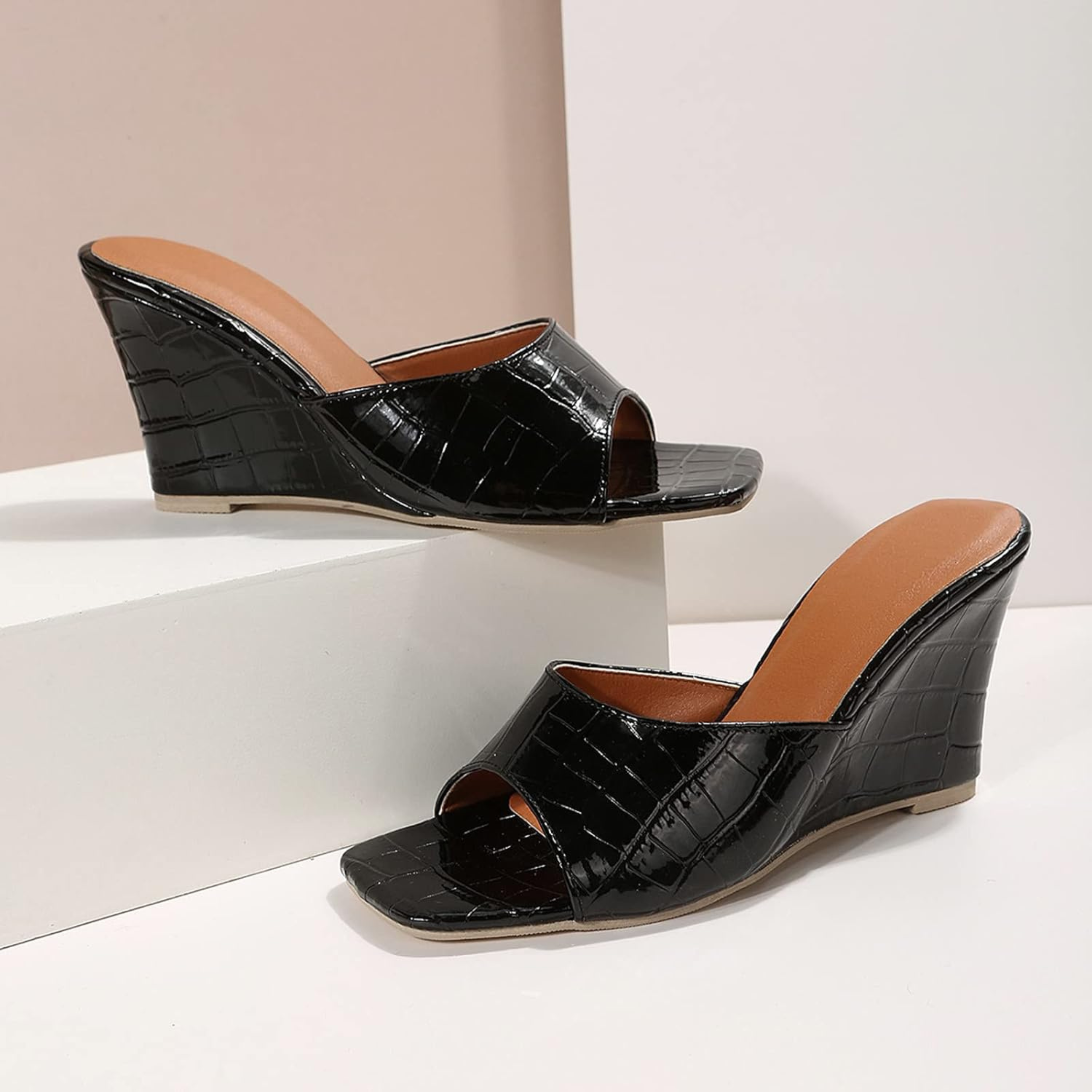 Camila – Croc Embossed Peep Toe Wedge Mules