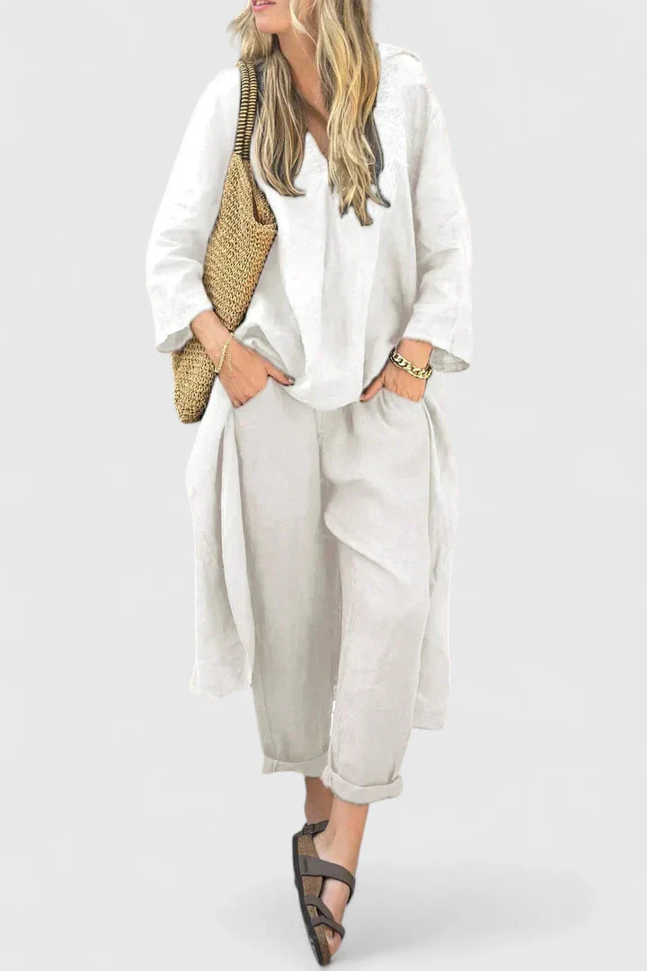 Adeline – High Low V Neck Tunic Top and Cropped Pants Set