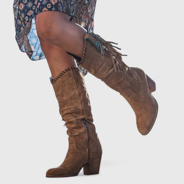 Veronica – Distressed Knee High Western Boots