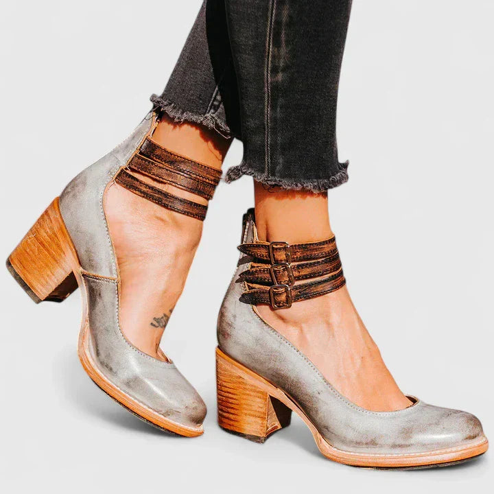 Della – Suede Ankle Strap Block Heel Pumps